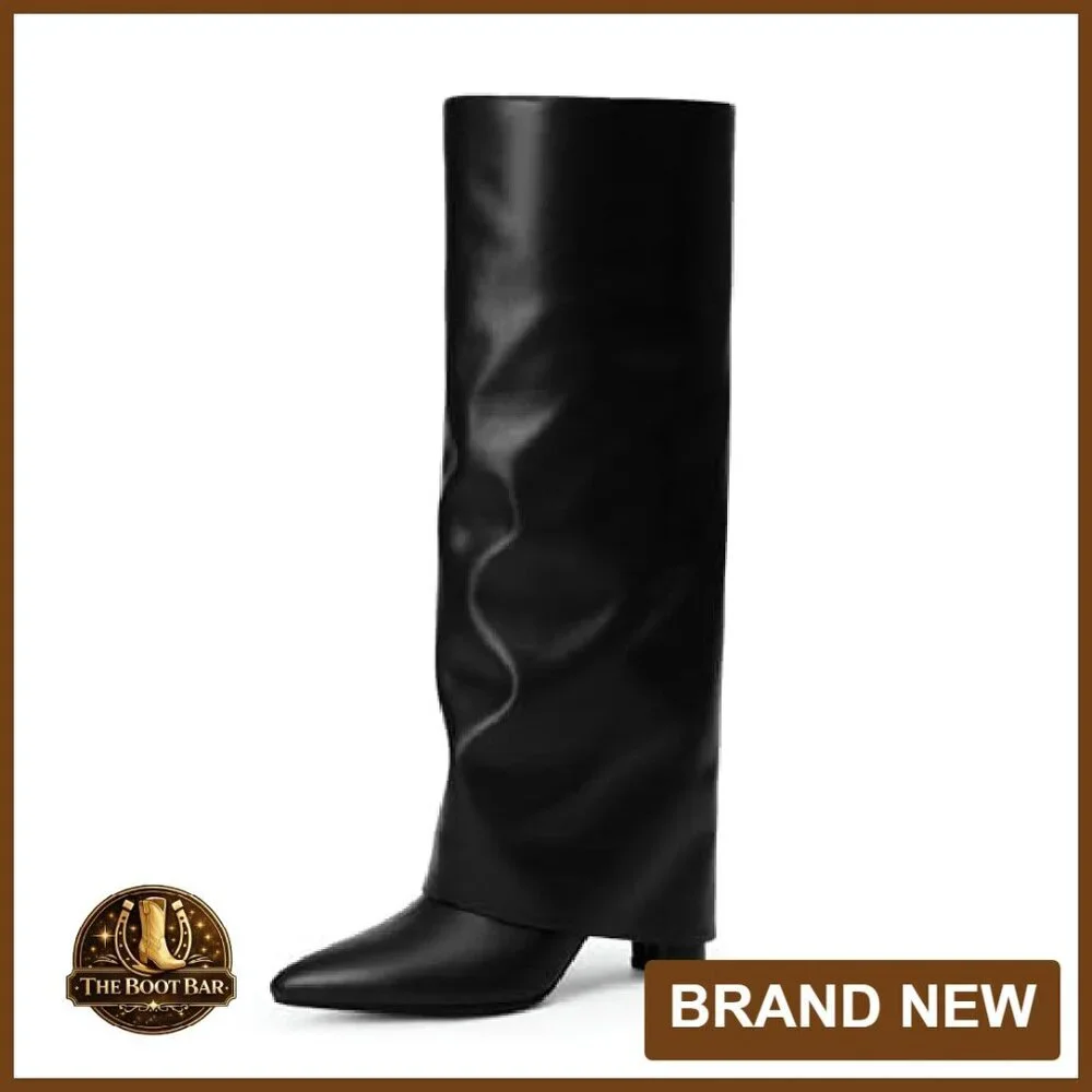 Knee High Boots Women Fold Over Chunky Heel Zipper Pointed Toe Dress Tall - Picture 2 of 8